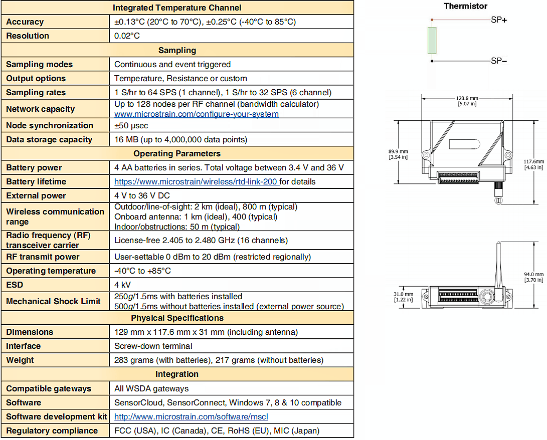 RTD-LINK-200無線傳感器的規(guī)格參數