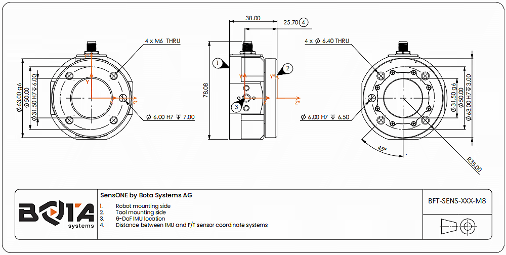 SensONE6軸力扭矩傳感器的機(jī)械尺寸