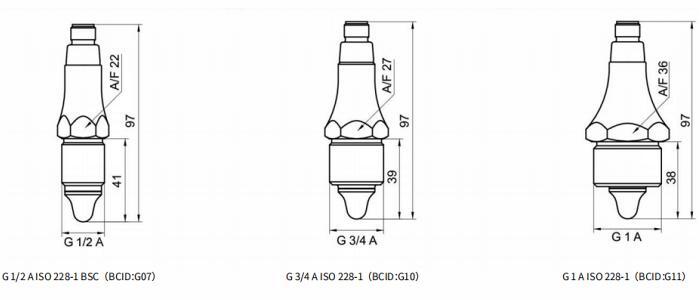 G  1/2  A  ISO  228?1  BSC（BCID：G07）、G  3/4  A  ISO  228?1（BCID：G10）及G  1  A  ISO  228?1（BCID：G11）的尺寸圖