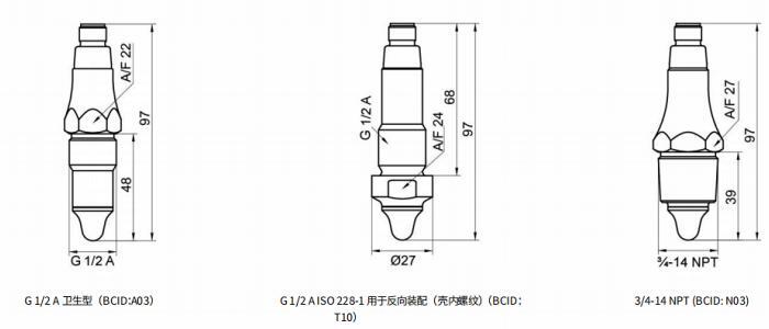 G  1/2  A  衛(wèi)生型（BCID：A03）、G  1/2  A  ISO  228?1  用于反向裝配（殼內(nèi)螺紋）（BCID：T10）及3/4?14  NPT  (BCID:  N03)的尺寸圖