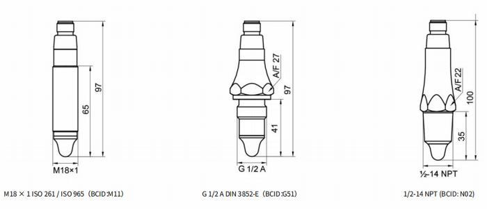 M18  ×  1  ISO  261 /  ISO  965（BCID：M11）、G  1/2  A  DIN  3852?E（BCID：G51）及1/2?14  NPT  (BCID:  N02)的尺寸圖