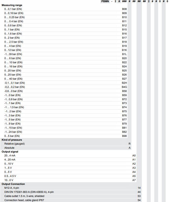 Baumer PBMN 壓力變送器的型號訂購信息（2）