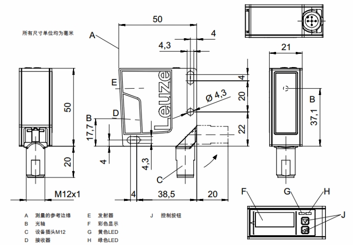 ODS9L2.8/L6X-100-M12 傳感器的尺寸圖